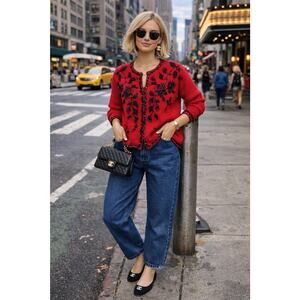 Vintage Red & Black Beaded Embroidered Statement Cardigan Art Deco Sz L